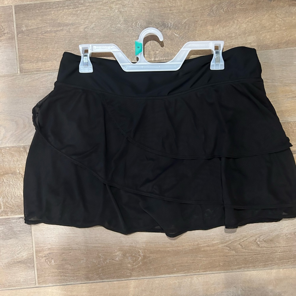 Black womens swim bottoms. Layered skirt with shorts underneath.